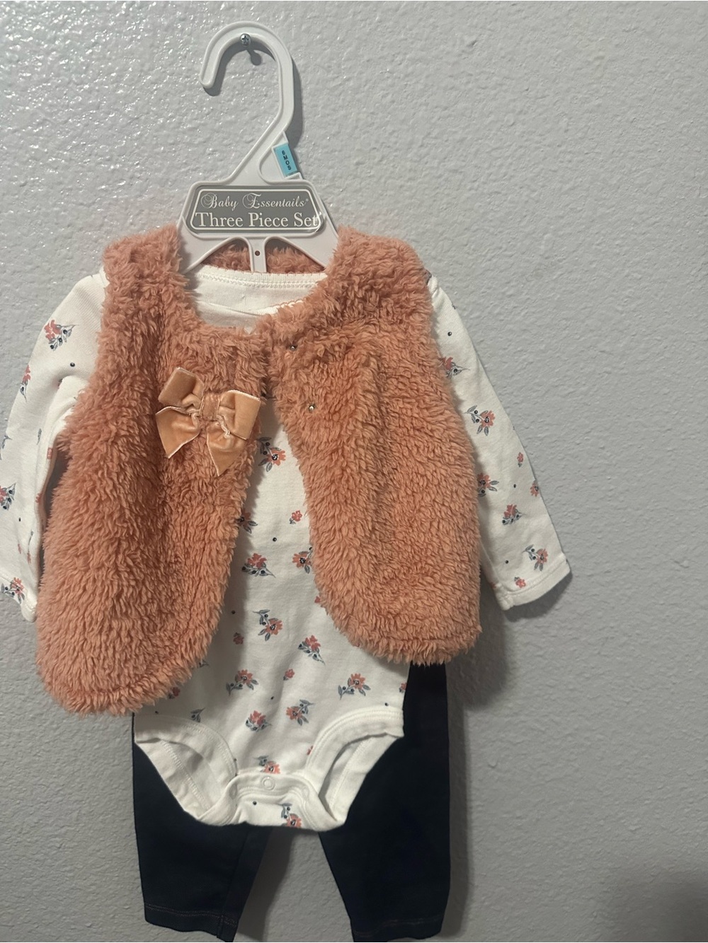 Carter's Baby Girl Floral Bodysuit with Peach Fuzzy Vest and Black Leggings